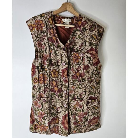 Vintage 90s Bogari Women’s Silk Button Up Tunic Vest Size M Floral Artsy Folk - Picture 1 of 6